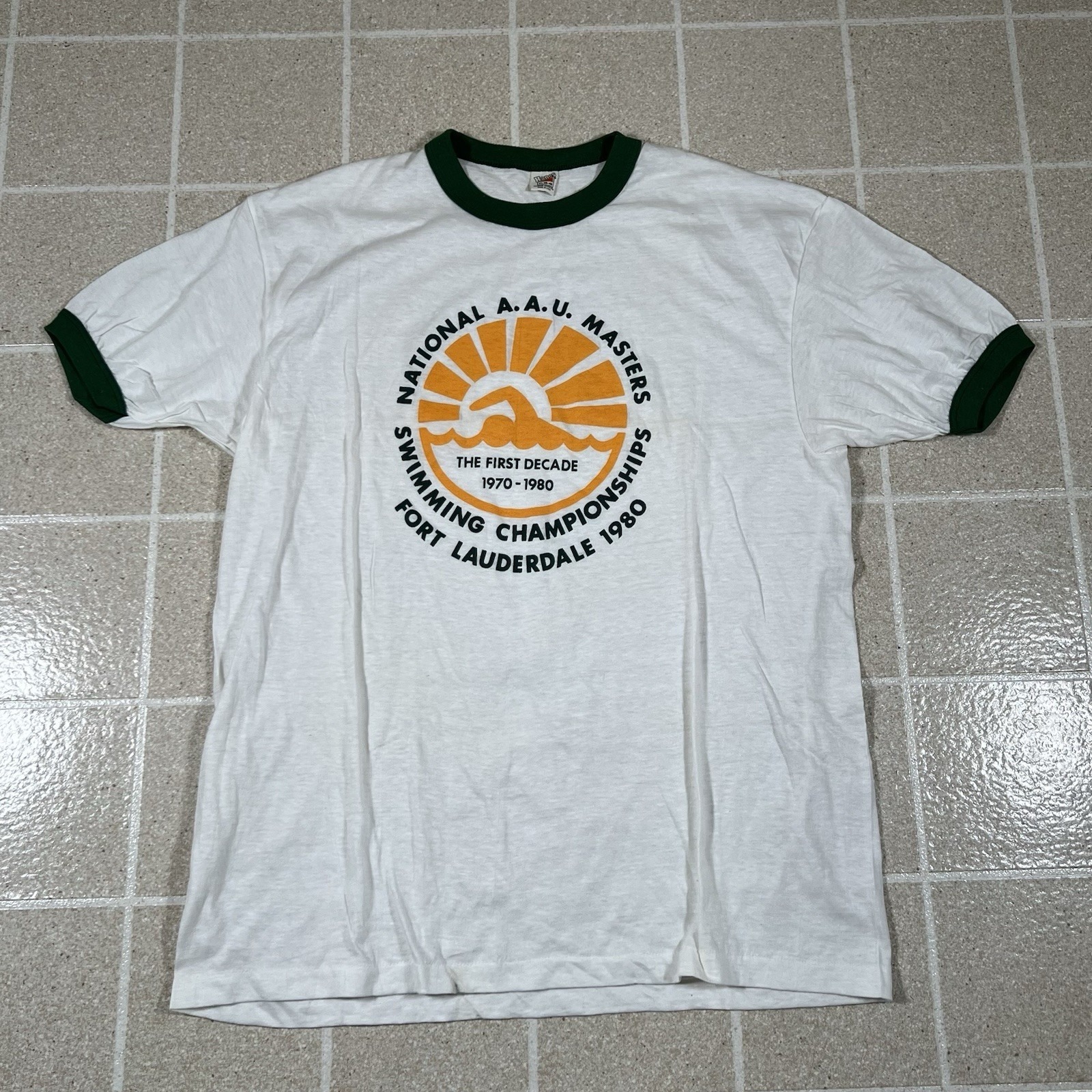 Vintage 1970s Hanes Masters Swimming Championship Ringer Tshirt Made In Usa